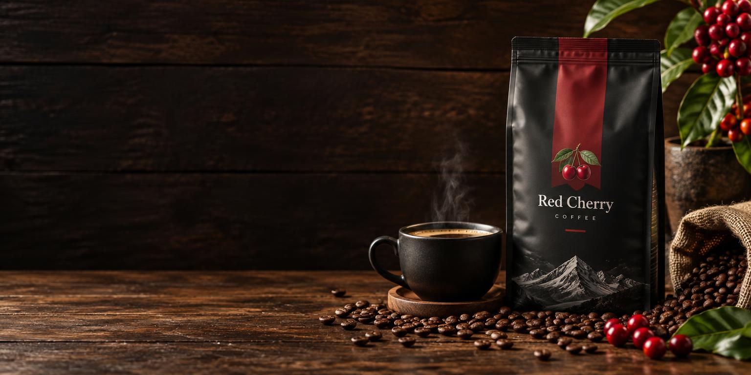 Red Cherry Coffee pouch, freshly brewed coffee and roasted beans
