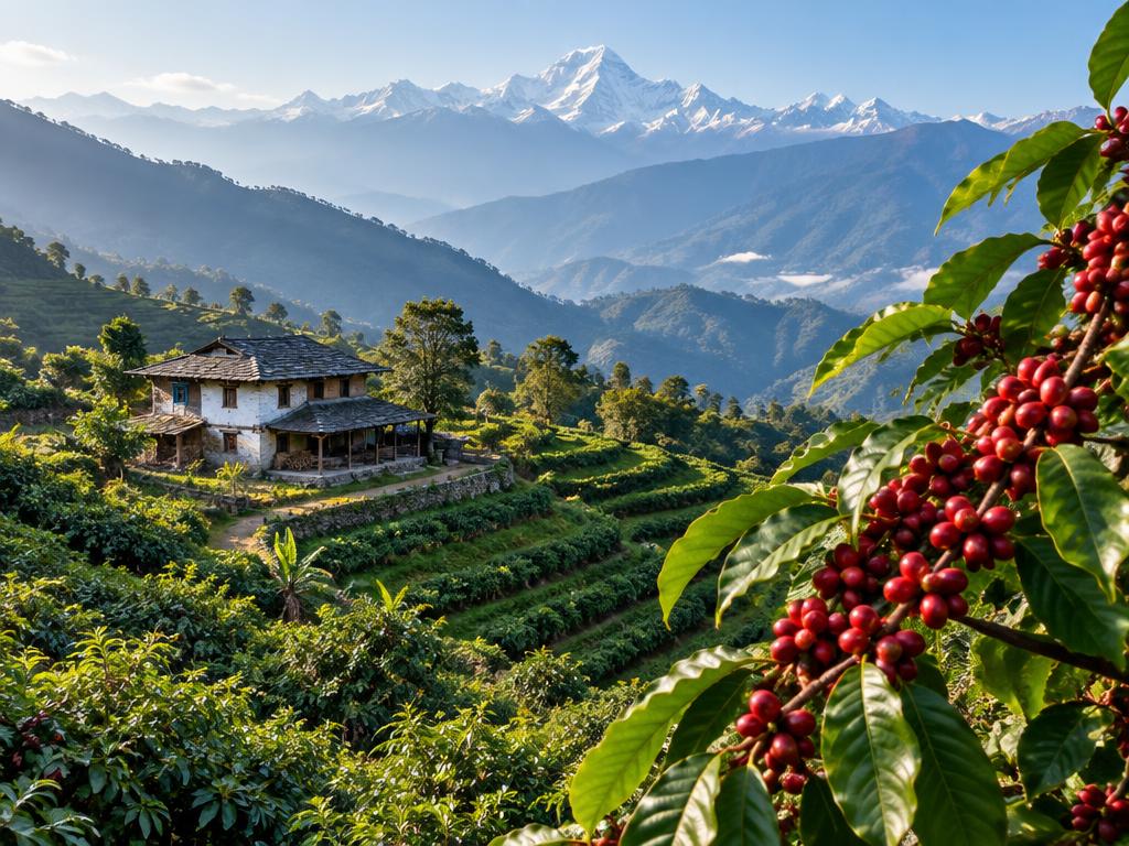 Illustrative Nepal hill landscape and coffee cherries